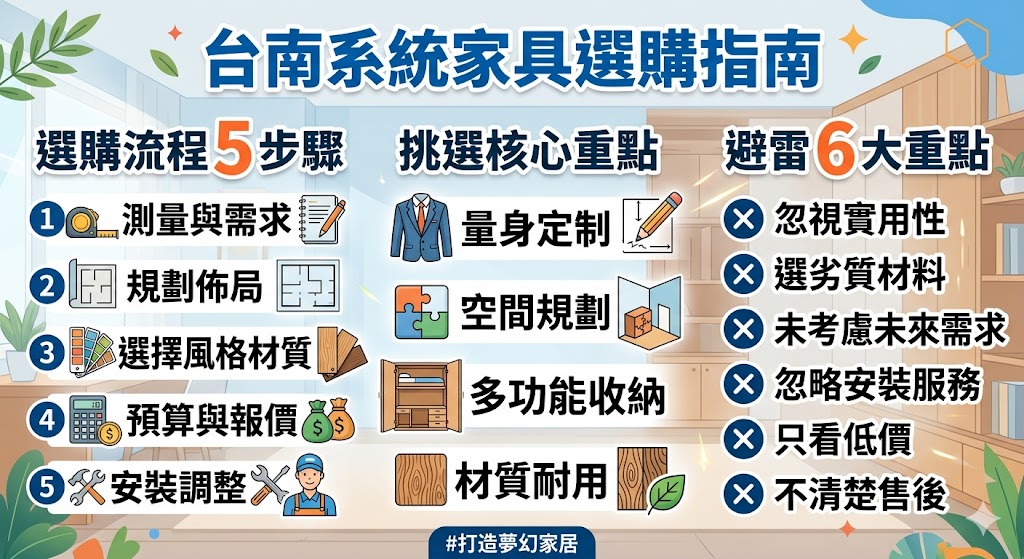 這篇文章深入介紹了台南系統家具的選擇與挑選要點，幫助讀者在台南選擇最合適的系統家具方案。無論是小空間還是大戶型，系統家具都能提供客製化的解決方案來提升空間利用率與美觀度。文章內容涵蓋了系統家具的設計風格、材質選擇、費用影響因素以及如何避免選擇中的常見錯誤，並提供專業建議，讓您能輕鬆打造理想的居家環境。