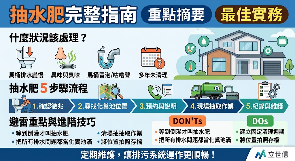 抽水肥是指透過專業環保水肥車，將化糞池內長期堆積且無法被微生物分解的固體沉渣與汙泥抽除，以維持建築物排水系統的正常運作。一般建議透天住宅或小型社區應每 1 至 2 年定期清理一次，若家中人數較多或發現一樓馬桶排水緩慢、散發異味，則需縮短頻率。完整的處理流程包含尋找合格業者進行探測、開啟抽肥孔、利用高壓真空管抽取汙泥，最後確認水位恢復正常。在執行過程中，住戶應注意切勿將難以分解的衛生棉或廚餘丟入馬桶，以免造成化糞池阻塞或損壞。定期抽水肥不僅能有效防止化糞池滿溢導致的惡臭與衛生問題，更能避免沼氣累積引發的安全風險，是維持居住環境品質與延長化糞池壽命的關鍵維護措施。