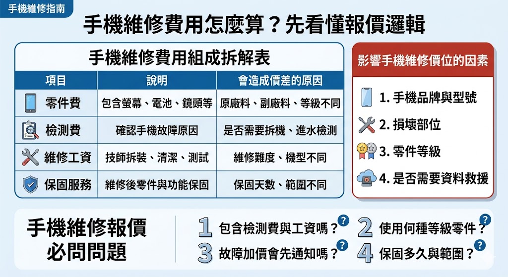 手機故障時維修費用總讓人困擾。本文詳盡整理 2026 年最新手機維修行情，從常見的螢幕破碎、電池老化到主機板受損，逐一解析原廠與副廠報價單的價位差異。我們將帶您深入了解影響價格的關鍵因素，並列出維修前必問的保固、零件來源及資料安全性等關鍵問題，協助您在面對高額修繕費與更換新機之間做出最精確的判斷，避免成為維修冤大頭。