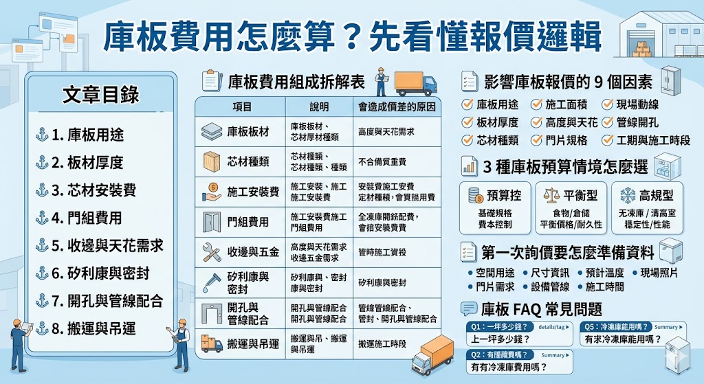 庫板費用的計算並非單一單價，通常受材質種類（如PU或PIR）、鋼板厚度、防火等級及施工坪數等因素影響。在審閱報價單時，除了留意每坪或每平方公尺的材料單價，更要仔細確認是否包含收邊配件、填縫劑、五金件以及載運物流費用。此外，施工難度如挑高作業或特殊轉角處理也常是額外成本的來源。建議檢視報價單時，應要求廠商列出詳細的規格說明與工法細節，避免僅以「一式」帶過，並確認保固期限與售後服務條款，才能在控制預算的同時確保工程品質，防止因低價陷阱導致後續追加預算或板材漏水失溫等修繕困擾。