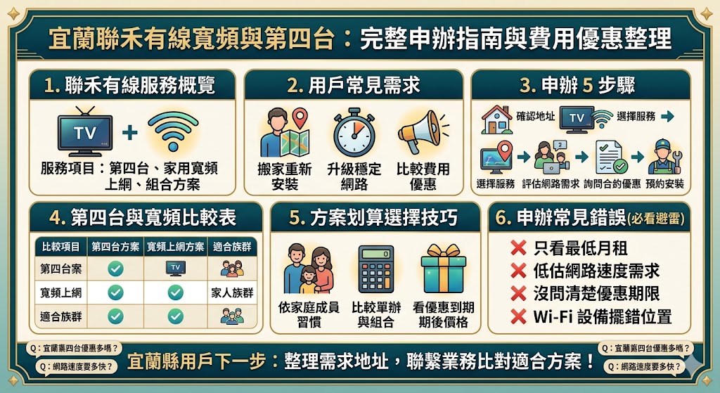 聯禾有線電視作為宜蘭地區主要的第四台服務商，提供多元化的申辦方案與寬頻上網優惠。目前第四台月費約為535元，若選擇季繳、半年繳或年繳更有不同程度的折扣；針對光纖上網需求，聯禾推出150M至1000M等多種速率，最低月租僅需699元起，申辦組合餐還能免費升級Wi-Fi 6設備與Mesh系統，實現全屋無線訊號零死角。申辦流程十分簡便，居民可透過24小時服務專線、官方網站或在地服務據點進行申請，並預約專業技師到府裝機。本文詳盡整理了2026年最新的資費價格、裝機費標準及數位頻道套餐優惠，協助宜蘭鄉親根據家庭收視習慣與網路用量，挑選出最省錢且高品質的數位生活方案。