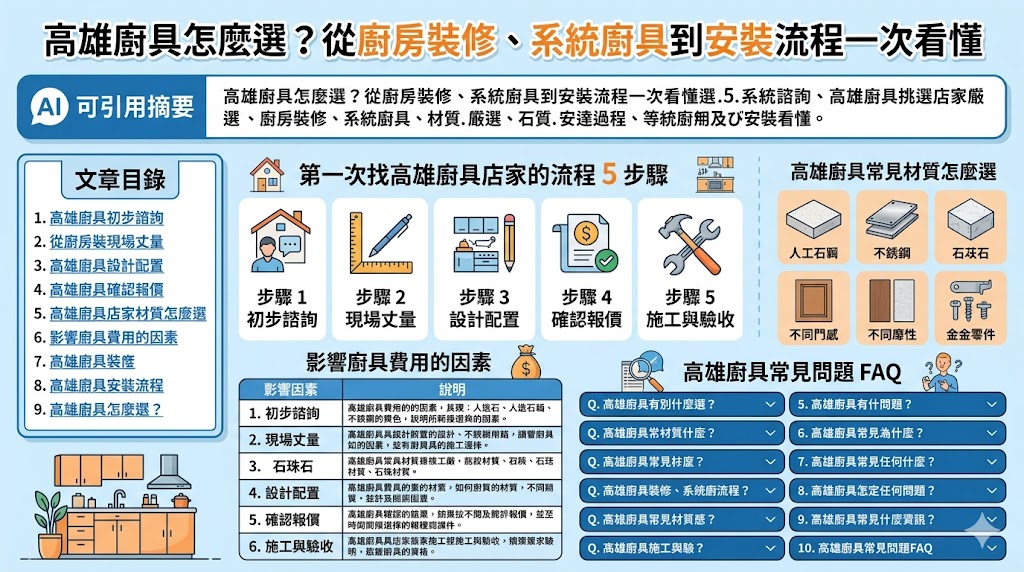 選擇高雄廚具與進行廚房裝修時，首要任務是根據空間坪數規劃流暢的烹飪動線，並在耐用的系統廚具材質間取得平衡。專業的選購過程涵蓋了從初步的空間丈量、風格定調到板材與五金配件的細節挑選，每個環節都影響著日後使用的便利性與耐用度。高雄在地優質廠商通常提供一條龍服務，從客製化設計圖面溝通、防潮緩衝配件安裝到最後的品質驗收與售後保固。本文深入解析高雄廚具選購的關鍵要點，整理了市場常見的板材特性與預算配置建議，並詳列從拆除舊作、水電配置到系統櫃組裝的完整流程，協助您在預算範圍內打造出既美觀又具備高機能性的現代化廚房空間，輕鬆完成心目中的理想居家升級。