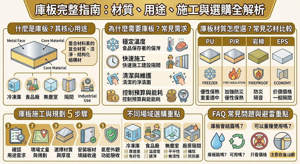 庫板作為現代隔間工程的核心材料，其優異的防火、隔音與抗潮性能使其廣泛應用於科技廠房、食品醫藥潔淨室及居家裝潢。本文將全面解析庫板的組成材質，包含岩棉、PU發泡與蜂巢板等規格差異，並詳細說明從現場放樣、骨架架設到板材組裝的專業施工流程。透過深入探討選購重點，協助您根據不同的空間環境需求與法規防火等級，精準挑選最合適的隔間方案。無論是追求施工效率、耐用度還是預算配置，這份完整指南都能讓您快速掌握庫板在廠辦規劃與居家改裝中的應用優勢，確保工程品質達到最高標準。