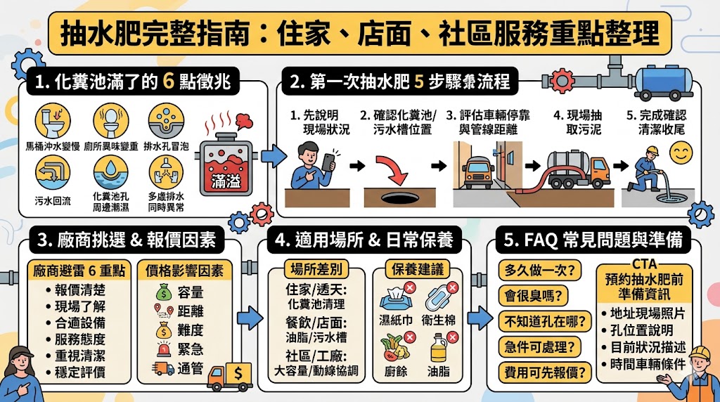 定期抽水肥是維持化糞池健康與避免居家異味的關鍵維護工作。不論是透天住家、營業店面或大型社區，建議每1至2年進行一次清理，以防止污泥硬化導致管線堵塞。尋找專業廠商時，應確認其是否具備政府核發的廢棄物清除許可，並根據水肥車噸數與作業困難度索取透明報價，目前市場行情約在1,500元至5,000元不等。作業重點包含尋找正確的清潔孔位置、確認抽取深度以及檢查化糞池結構有無龜裂，對於餐飲店面則需額外留意油脂截留器的清理。本文詳盡整理了2026年最新的服務重點與費用標準，幫助您輕鬆預約合格環保公司，確保排水系統順暢並延長化糞池使用壽命，打造乾淨衛生的生活環境。