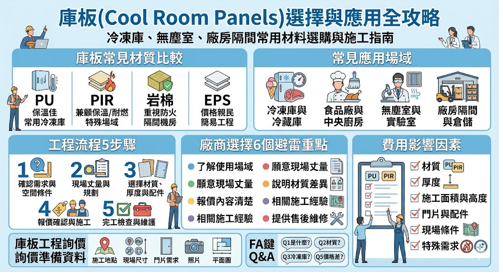 庫板是一種具備高度隔音、防火與隔熱性能的組合式隔間材料，廣泛應用於冷凍庫、無塵室及各類現代化廠房中。不同於傳統磚牆或輕隔間，庫板的核心骨材可根據需求選擇岩棉、PU發泡或蜂巢板等材質，其金屬表面不僅耐化學腐蝕且不易積塵，完全符合食品安全與科技業的潔淨室標準。在選擇庫板時，需優先考量作業環境的耐燃等級、保溫效果以及安裝拆卸的靈活度，專業的工程規劃能有效縮短工期並提升能源使用效率。本文深入解析庫板的結構組成與各類材質特性，整理了2026年針對冷凍倉儲、無塵車間與商辦隔間的最新選購建議，協助企業精準挑選耐用、美觀且符合法規的隔間解決方案。