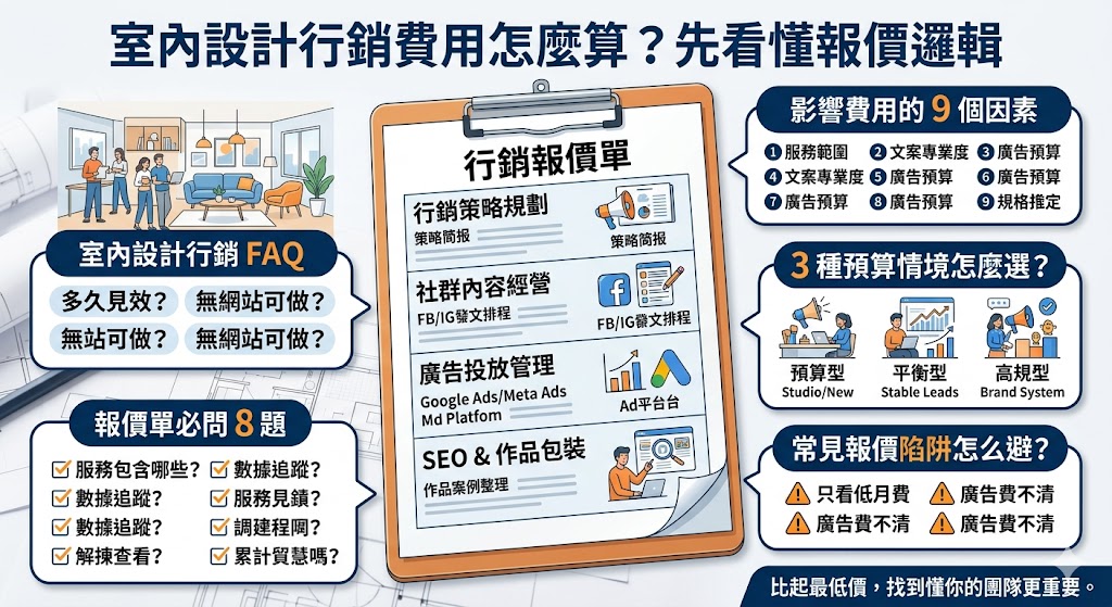 室內設計行銷費用的估算通常包含品牌形象建立、廣告投放與社群經營等多個面向。在審視報價單時，應區分「固定代操費」與「廣告媒體預算」，避免兩者混淆導致成本難以控管。常見的方案價位會根據服務深度分為入門級社群維護、成長型 SEO 內容行銷，以及針對高端客群的影音開箱與精準廣告投放。預算評估時，建議設計師依據年度營業額的一定比例進行配置，並確認服務項目是否包含關鍵字策略分析、成效追蹤報告與素材製作。了解不同的收費邏輯與市場行情，能幫助設計公司在有限預算內極大化品牌曝光度，精準吸引潛在業主，確保每一分行銷支出都能轉化為實際的案源成交量與品牌專業度提升。