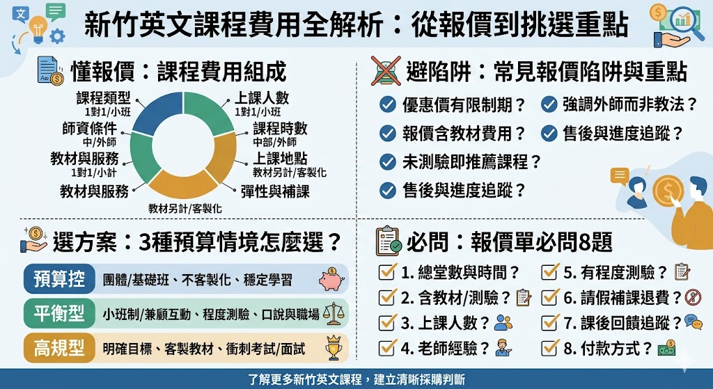 在新竹尋找合適的英文補習班時，學費的組成與預算規劃往往是學習者的首要考量。本文完整解析新竹英語教育市場的各類收費標準，從大型連鎖補習班、在地小班制工作室到一對一外籍家教，深度拆解報價單中常見的課程費、報名費及教材費用。我們不僅提供市場行情的價位參考，更針對不同族群如竹科工程師、成人進修及兒童美語，提供量身打造的預算選擇方案，協助您評估課程時數與師資品質的CP值。文中也列出挑選課程時的關鍵注意事項，包括退費機制與試聽服務的陷阱排查，讓您能根據自身目標與財力，在新竹眾多品牌中精準鎖定最適合的學習路徑，讓每一分教育投資都能轉化為實質的語言競爭力。