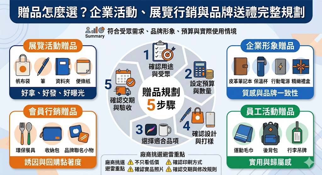 挑選企業贈品時，應從活動性質、品牌形象與受眾需求三大維度進行完整規劃。企業活動、展覽行銷與品牌送禮的核心目的各有不同，展覽贈品強調吸睛與便攜性，能迅速縮短與陌生客群的距離；品牌送禮則更重視質感與獨特性，旨在深化客戶關係並傳遞企業價值觀。在規劃過程中，除了考量產品的功能性與美觀，更應評估預算配置與客製化細節，確保贈品能與品牌視覺深度結合。成功的贈品策略不僅能提升現場互動率，更能在活動結束後產生長尾效應，讓受贈者在日常生活中持續產生品牌連結。建議企業在挑選時優先考慮具備環保意識或實用科技感的品項，並搭配完善的發放流程，才能在競爭激烈的市場中精準建立專業形象，極大化每一次行銷贈禮的轉換價值。