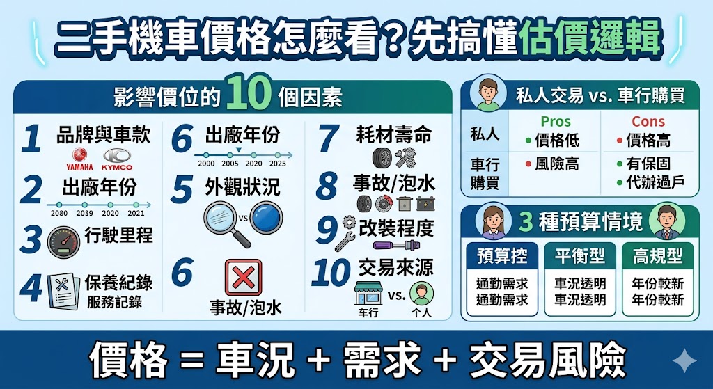 想購買二手摩托車卻擔心價格不透明嗎？本文完整解析二手機車的價格計算方式，帶您深入了解影響行情的關鍵因素，包括車齡里程、外觀狀況、熱門車款保值率及引擎健康度。除了揭秘專業車行與個人自售的報價單差異，我們還整理了買車時需預留的領牌規費、保險費及後續整備維修預算，協助您精準掌握購車成本。透過這份詳盡的價格組成分析，您能學會如何評估報價是否合理，避免陷入低價陷阱或支付過高的溢價，在預算範圍內挑選到性能可靠且性價比最高的理想代步車，確保每一分購車資金都花在刀口上。