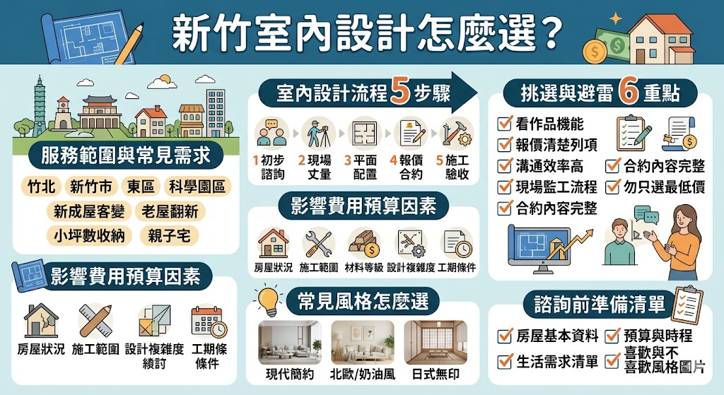新竹擁有眾多科技園區與多元住宅，選擇合適的新竹室內設計公司是打造理想居所的關鍵。裝修前，建議先了解設計流程與合理的費用預算，並掌握避雷重點。從初步溝通、平面規劃到工程監工，專業的新竹室內設計團隊能有效整合需求。掌握這些裝修細節，避開常見的糾紛與陷阱，讓您的空間規劃更安心、更有品質。