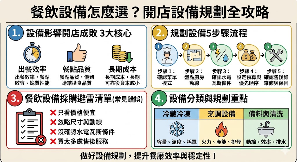 開店前進行餐飲設備規劃是確保營運順暢的關鍵。選擇合適的餐飲設備不僅能提升出餐效率，還能降低後續的維護成本。規劃時應優先考量廚房動線、空間大小以及水電配置，並確保設備符合衛生法規與安全標準。選擇餐飲設備時，建議依據菜單需求、預期客流量及工作人員數量進行評估，避免空間擁擠或產能不足。妥善配置冷藏、烹調與清洗三大區域，能大幅減少交叉污染的風險，為長期的商業營運奠定良好基礎。