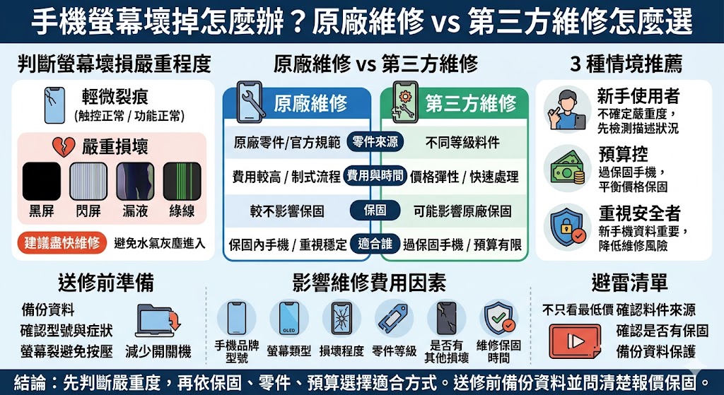 手機螢幕壞掉怎麼辦？原廠維修與第三方維修該怎麼選？這是許多人在遇到裝置損壞時的常見困擾。選擇原廠維修能確保使用原廠零件、享有官方保固，且不會影響後續的官方售後服務，適合追求完美與手機保固期內的用戶，但費用通常較高且等待時間較長。相對地，第三方維修站價格較為親民、維修速度快，甚至能當天取件，適合預算有限或手機已過保的使用者。然而，第三方維修的零件品質參差不齊，且可能導致原廠保固失效。建議在選擇時，應綜合考量手機剩餘價值、預算多寡以及個人對零件原廠規格的重視程度，做出最符合需求的決定。