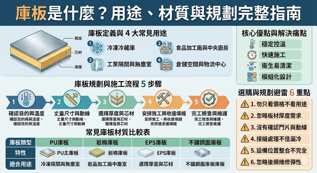 「庫板」（又稱三明治板）是現代建築與室內裝修中不可或缺的環保建材，常應用於無塵室、冷凍庫及廠房隔間。其結構由雙層金屬面板夾著輕質保溫芯材組成，具備極佳的隔熱、防火與隔音效果。常見的庫板材質包括鍍鋅鋼板、不鏽鋼板等外層，搭配岩棉或聚氨酯（PU）等核心材質，能有效維持室內溫控與潔淨度。施工方式多採用預製板材現場組裝，不僅安裝效率高、工期短，還具備靈活的拆卸與重組優勢。在選購庫板時，建議根據環境需求挑選合適的防火等級、芯材厚度與表面塗層，以確保結構穩定性並滿足法規要求。