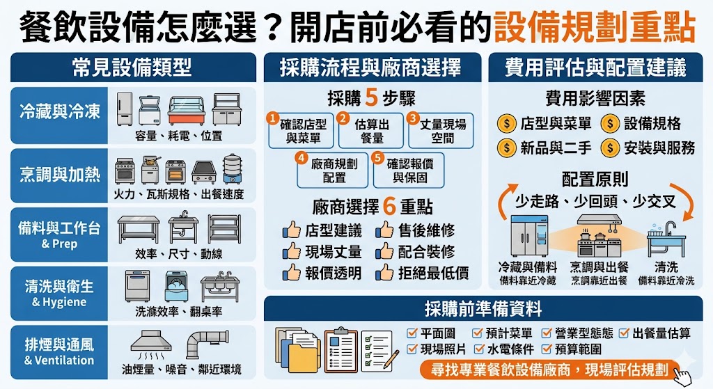 開設餐廳時，正確挑選餐飲設備是確保營運流暢與降低成本的關鍵。在進行設備規劃時，首先需根據菜單需求決定廚房配置，例如中式餐飲需要高火力的爐灶，而西式餐點則更依賴萬能蒸烤箱。優質的餐飲設備不僅能提升出餐效率，其耐用度與後續維修的便利性更是長期經營的保障。建議創業者在採購時，應優先考慮節能效率與清潔維護的難易度，並預留足夠的作業動線與水電配置空間。此外，根據預算規模彈性選擇二手良品或全新機型，並確認廠商能否提供即時的售後服務，才能在符合成本效益的前提下，打造出專業且高效能的商用廚房環境。