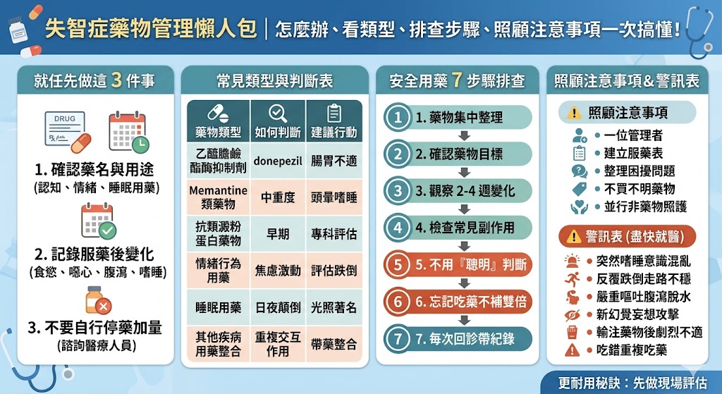失智症藥物怎麼辦？這篇文章為您完整剖析常見的失智症藥物類型，包含膽鹼酶抑制劑與NMDA受體拮抗劑等作用機制，並詳細說明各類失智症藥物的潛在副作用，如腸胃不適、頭暈或嗜睡等反應。同時提供實用的安全用藥排查指南，幫助家屬與照顧者掌握正確的服藥原則、劑量調整注意事項及與醫師的溝通要點，確保長輩用藥安全並延緩認知功能退化。