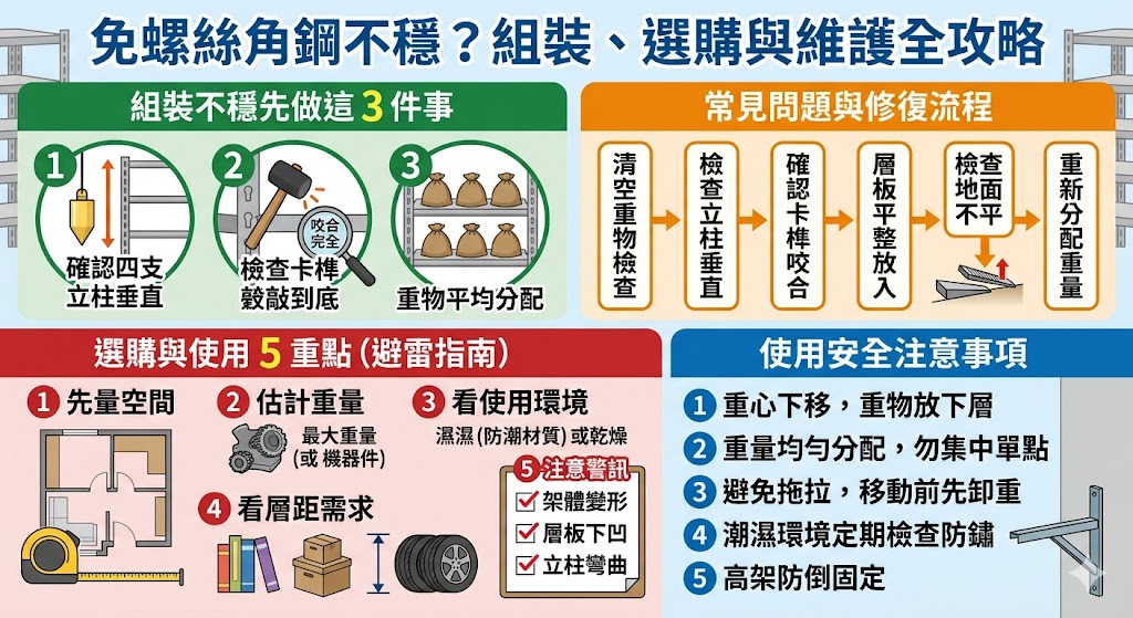 免螺絲角鋼結構若出現搖晃或不穩，通常與組裝方式、負重分配或地面平整度有關。建議您先檢查所有卡榫是否已確實卡入到位，並確認橫桿與立柱的咬合是否緊密，接著使用水平儀確認地面平整度，必要時可調整腳墊或使用墊片來改善傾斜狀況。在日常使用中，請務必將較重物品放置於下層，避免頭重腳輕導致結構變形，若存放高負載物品，建議搭配壁虎或角鋼專用連接件將層架固定於牆面以提升安全性。若在評估後仍無法改善穩定性，建議聯繫原廠商進行結構檢測，或選用材質更厚實、具備防撞與安全扣設計的免螺絲角鋼，確保儲物環境的安全與耐用。