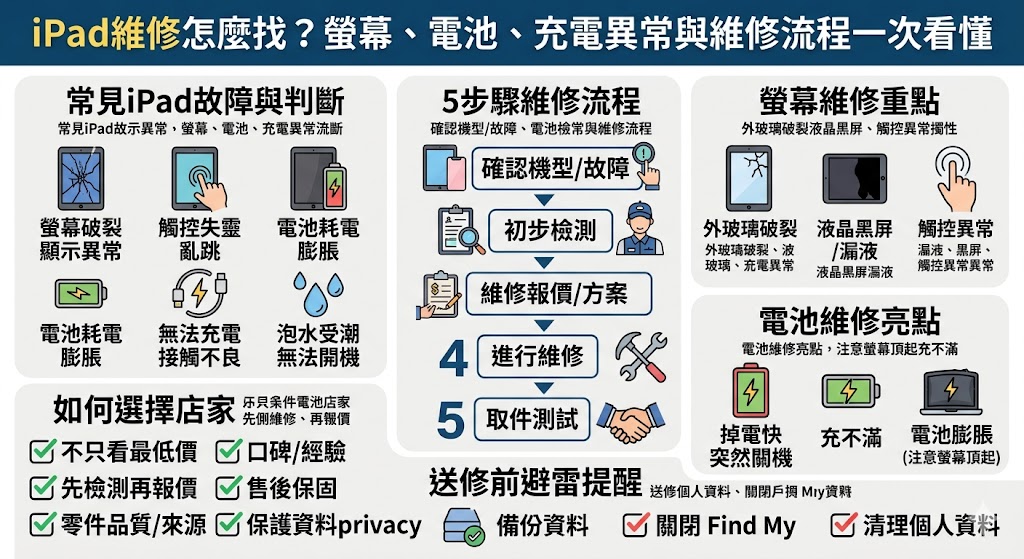 iPad維修怎麼找？當平板出現螢幕破裂、耗電異常或充電故障時，挑選專業的iPad維修管道是維持設備運作的關鍵。送修前建議先進行自我排查，確認是否為線材損壞、充電孔積灰或系統當機所導致的問題。若確認為硬體損壞，您可選擇交由原廠授權維修中心或第三方專業維修店家處理。原廠管道能確保更換零件的品質與官方保固，適合重視原廠規格的使用者；而第三方維修通常具備現場快速維修、價格實惠的優勢，並能提供完善的非人為損壞保固。您可以根據預算與急迫性評估，選擇最合適的方案來解決各項異常狀況，讓您的平板設備恢復最佳效能。