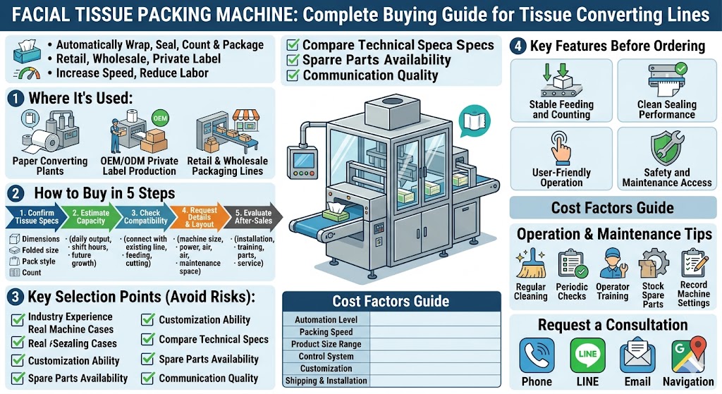 Choosing the right facial tissue packing machine is a critical step for optimizing your tissue converting lines and ensuring production efficiency. A high-quality packaging machine enhances product presentation, maintains hygiene standards, and reduces material waste during high-speed operations. When evaluating different models, businesses should carefully assess packaging speed, film compatibility, and seamless integration with upstream equipment like slitter rewinders. To avoid costly operational bottlenecks, ensure your supplier provides robust after-sales support, easily accessible replacement parts, and customizable options to meet varying retail pack sizes. Investing in an advanced and reliable facial tissue packing machine not only improves overall productivity but also helps your brand deliver superior quality to the market.