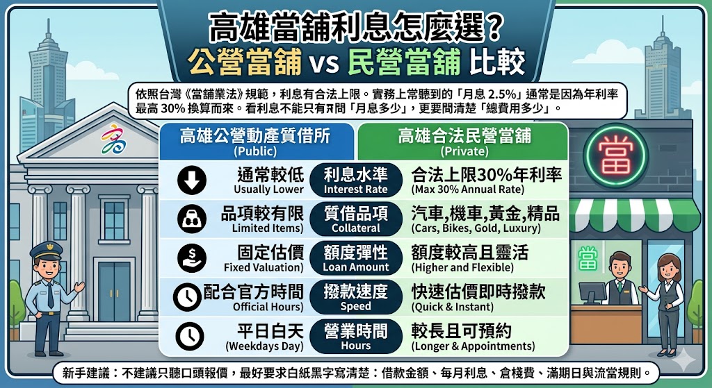 想了解高雄當舖利息怎麼算？本文整理公營當舖與民營當舖的利息差異、費用項目、適合族群與避雷重點，幫助你比較高雄當舖利息是否合理，並從利率、倉棧費、借款期限與契約內容判斷適合的借款方式，降低週轉成本與質押風險。