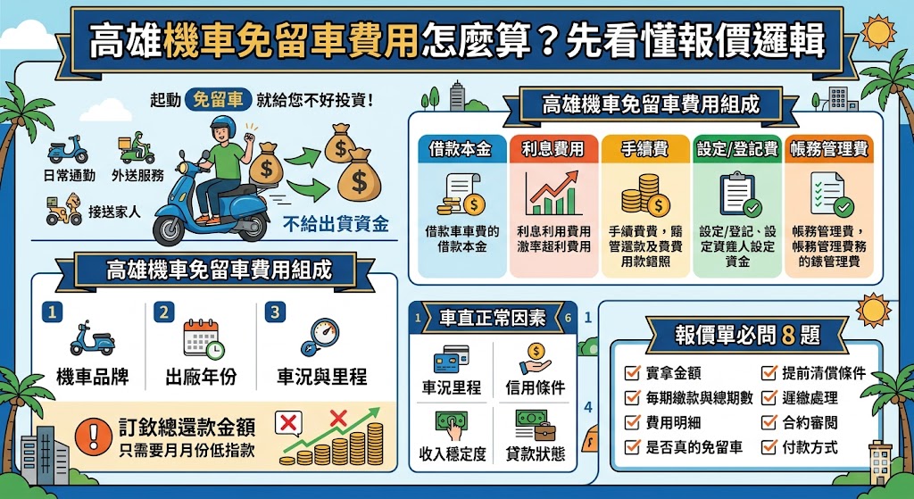 高雄機車免留車適合有短期資金需求、但仍需要日常通勤或工作用車的人。本文整理高雄機車免留車費用怎麼算、報價單怎麼看、影響額度與費用的因素，並說明申請前必問問題，幫助第一次詢問的人更清楚比較方案。
