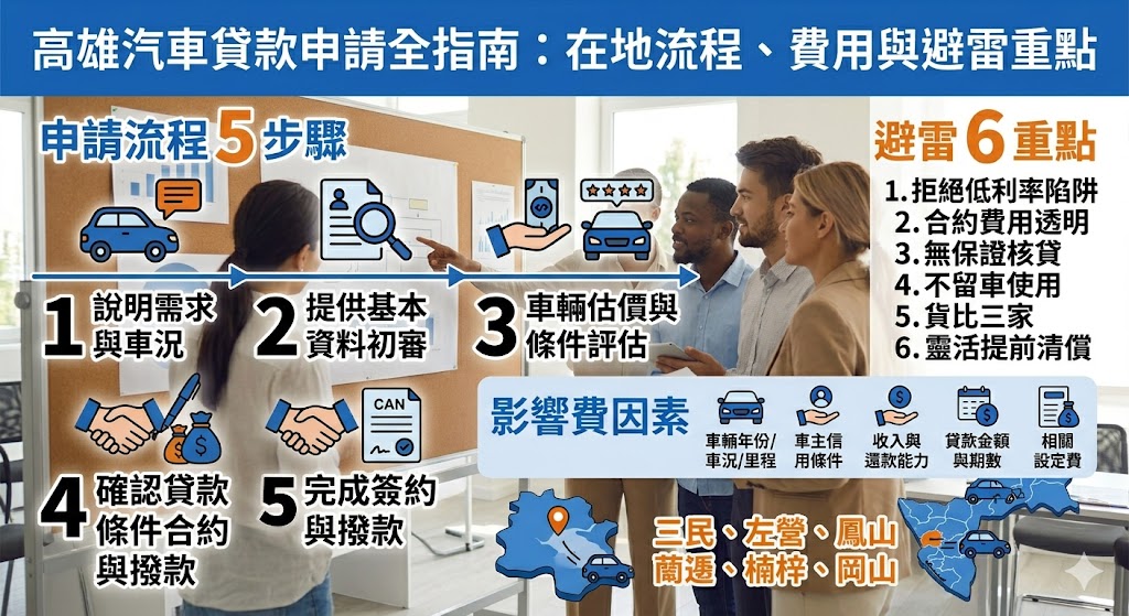 高雄汽車貸款適合有資金週轉、短期借款或整合負債需求的車主參考，申請前應先了解車輛估價、審核條件、費用項目與還款能力。本文整理高雄汽車貸款流程、費用影響因素、業者挑選方式與常見問題，協助高雄在地車主避開不透明收費與保證核貸話術，找到較合適的車貸諮詢方向。